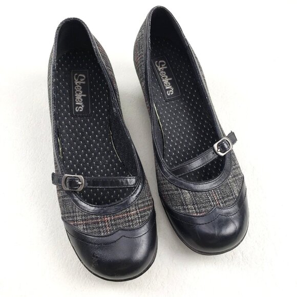 Vintage Y2K Skechers Mary Jane Wedge Womens 7.5 Leather Black Plaid Preppy Shoe - Picture 1 of 14